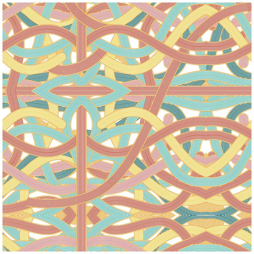 Abstract pattern of intertwined curved lines in red, yellow, and light blue, creating a vibrant, layered design on a white background. vector