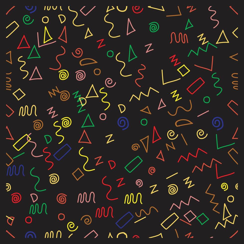 Colorful abstract doodle with various shapes and lines on a dark black color background, An eye-catching pattern composed of diverse shapes and lines in bright colors, vector
