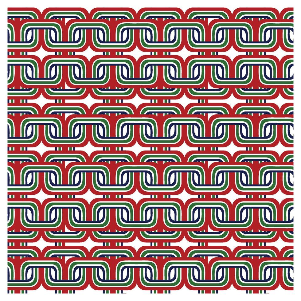 Repetitive geometric pattern in earthy green, brown, and beige tones., Colorful geometric pattern with interlocking shapes in red, green, white, and black. vector