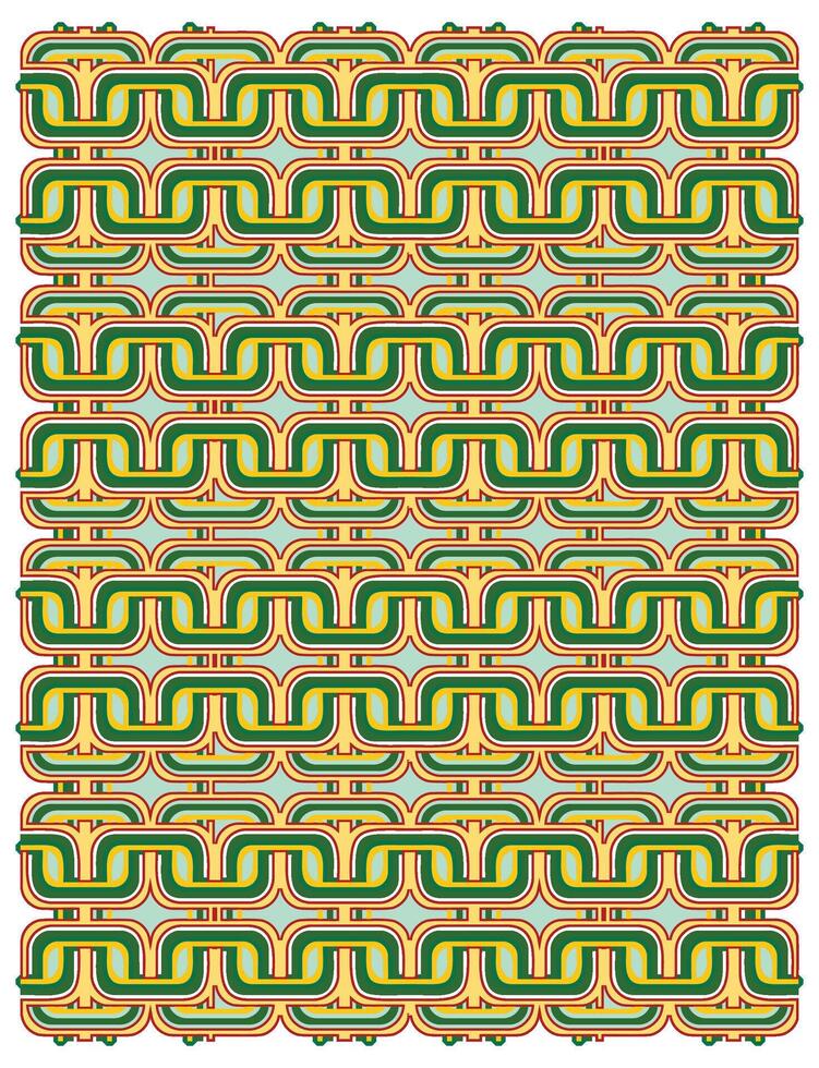 A vibrant, repeating pattern of intertwined green, yellow, and red curves against a light background, creating a dynamic visual texture. vector