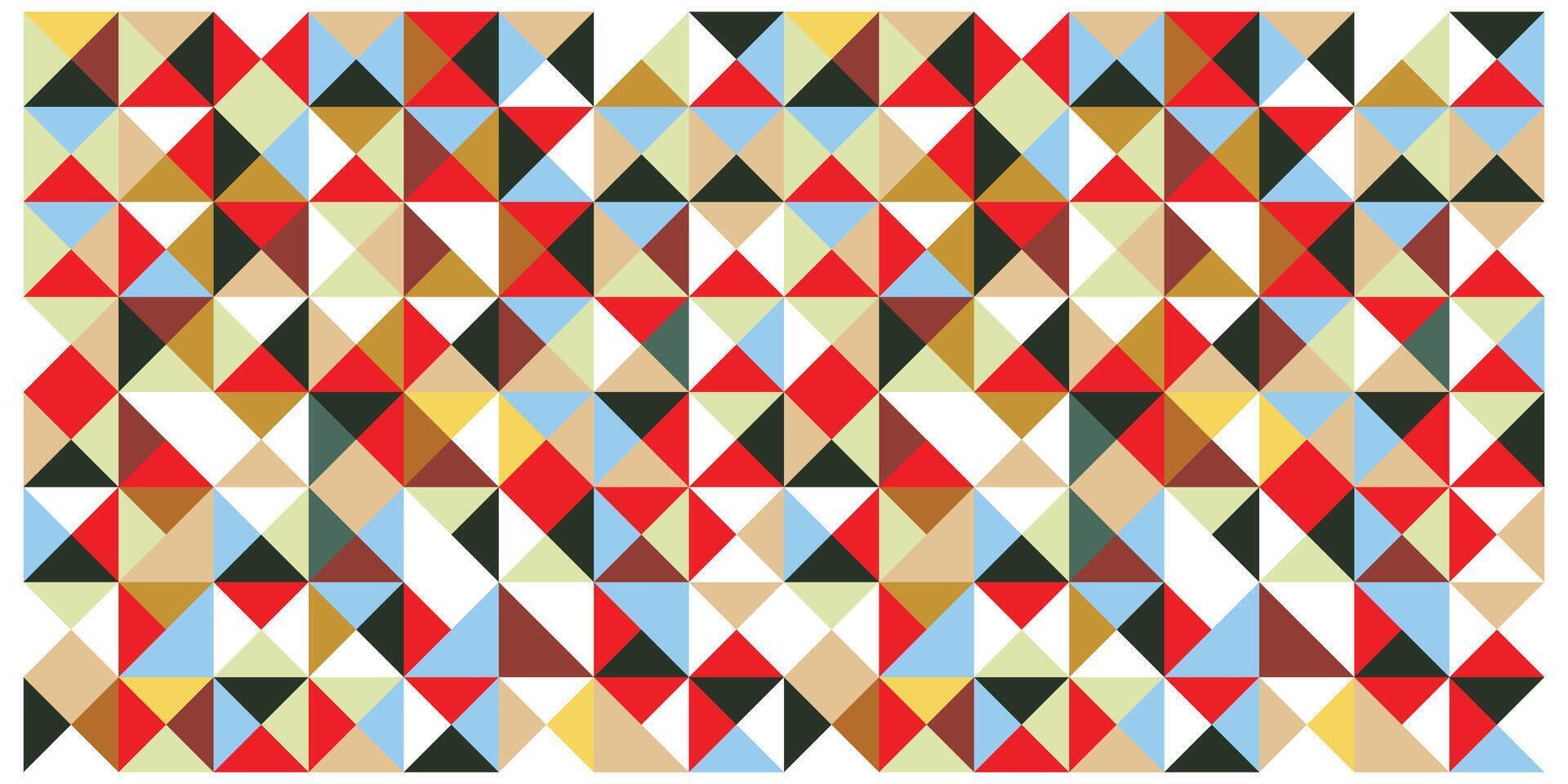 Colorful geometric quilt-like pattern with a square border, A vibrant geometric pattern featuring red, blue, and yellow triangles arranged in an eye-catching design. vector