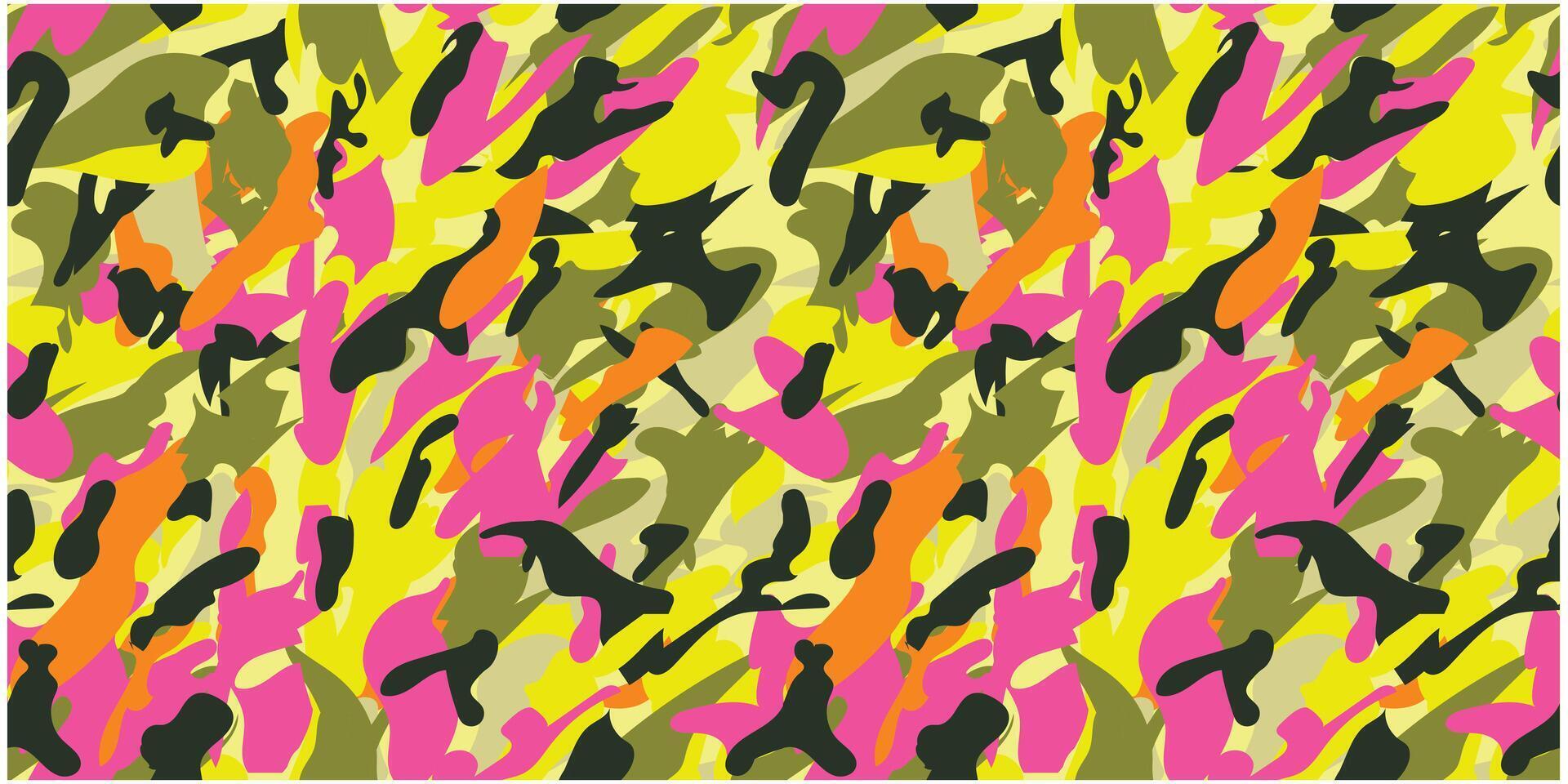 A vibrant, abstract camouflage pattern featuring pink, yellow, orange, green, and black shapes blended together in a chaotic design. vector