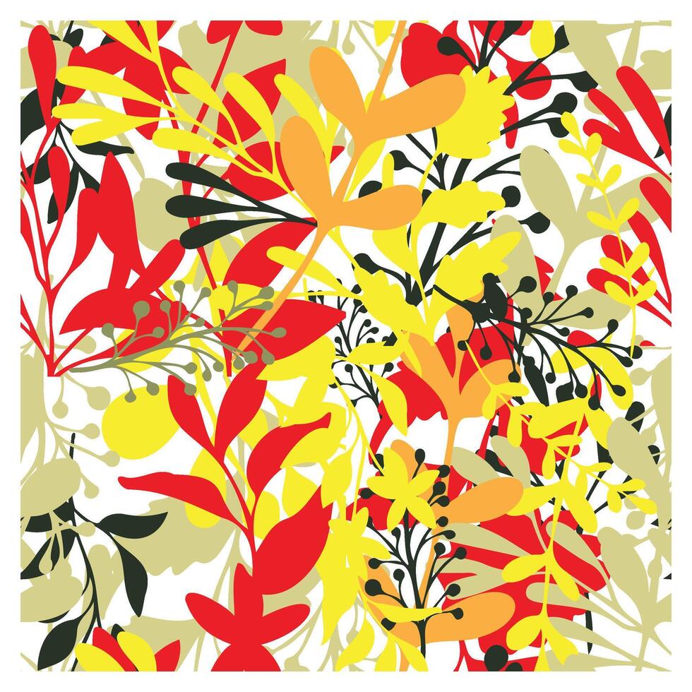 A vibrant, abstract composition of red, yellow, black, and green plant-like shapes layered over a white background. vector