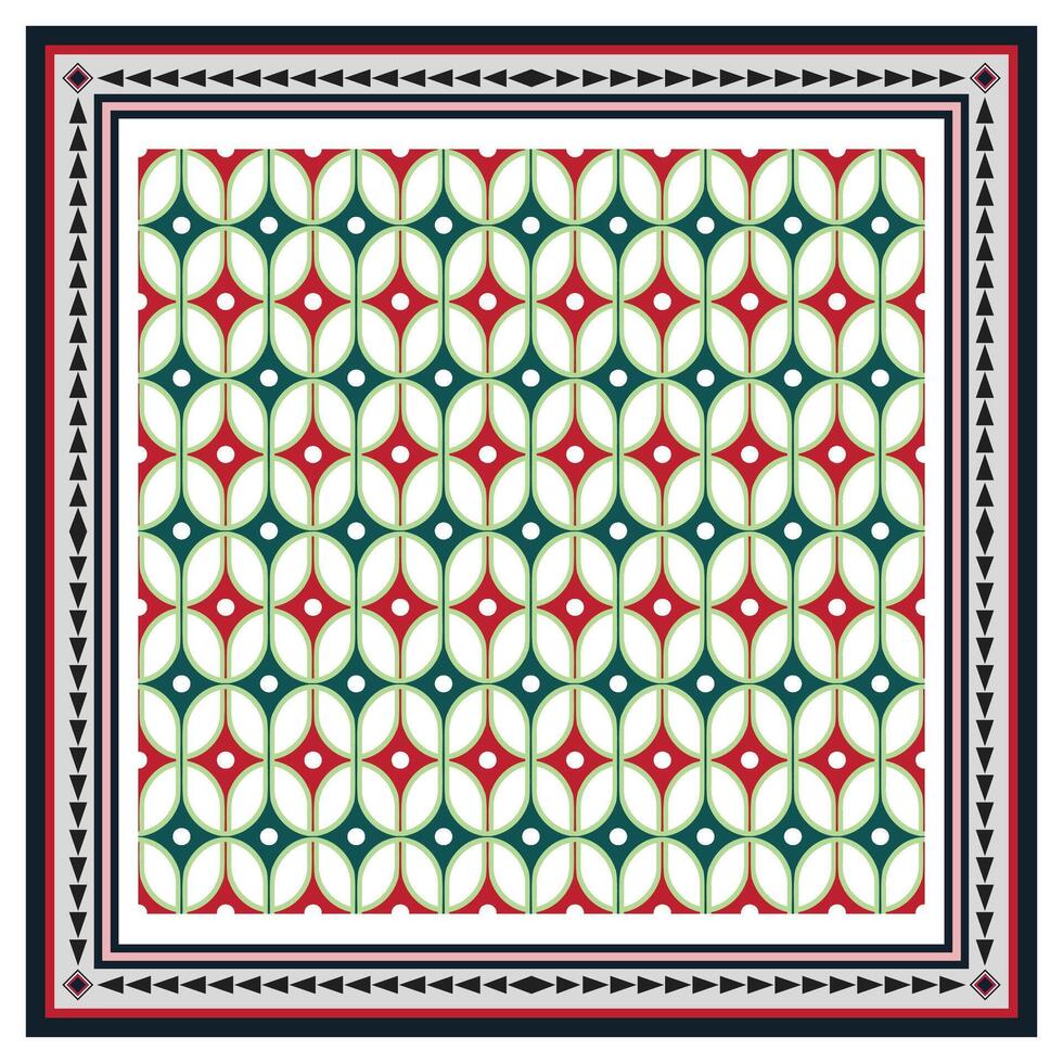 Intricate geometric scarf, square shape print pattern with a green, red, blue, and beige design inside a decorative border. vector