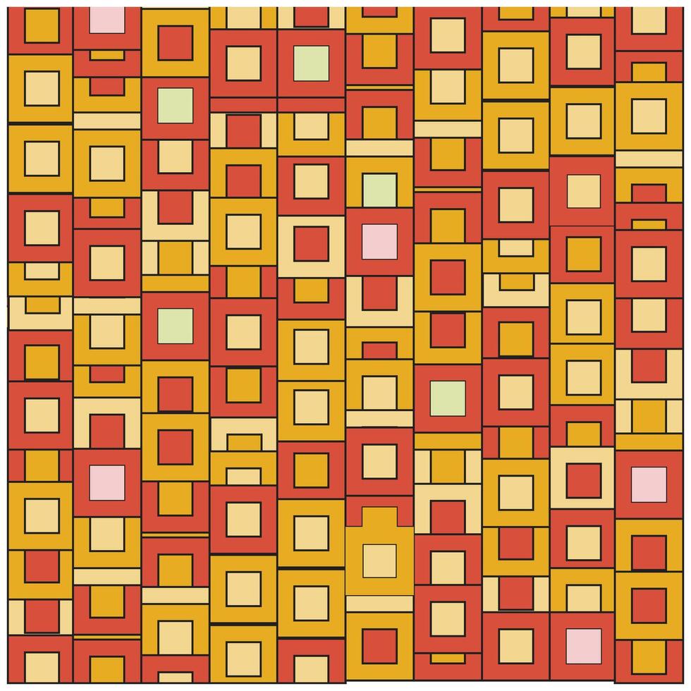 A vibrant decorative square shape geometric repeat pattern of red, yellow, and light green squares arranged in a visually engaging, overlapping design. vector