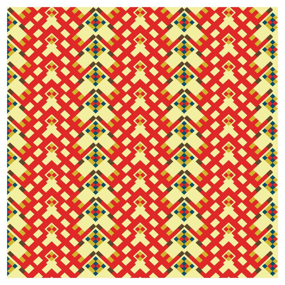 Abstract square shape geometric print pattern featuring red, yellow, and blue diamond shapes arranged in a repetitive chevron design on light yellow background. vector