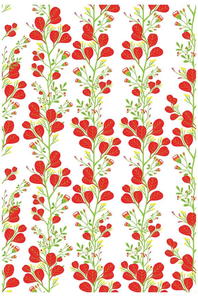 A vibrant square floral print pattern featuring red leaves and small buds on green stems against a white background, creating a lively design. vector