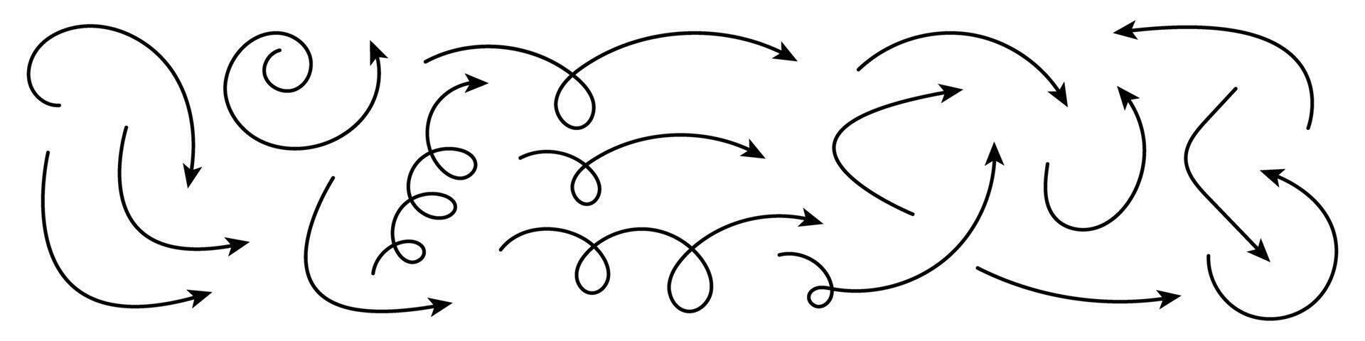 Collection of curved arrows. Curved hand drawn arrows. vector