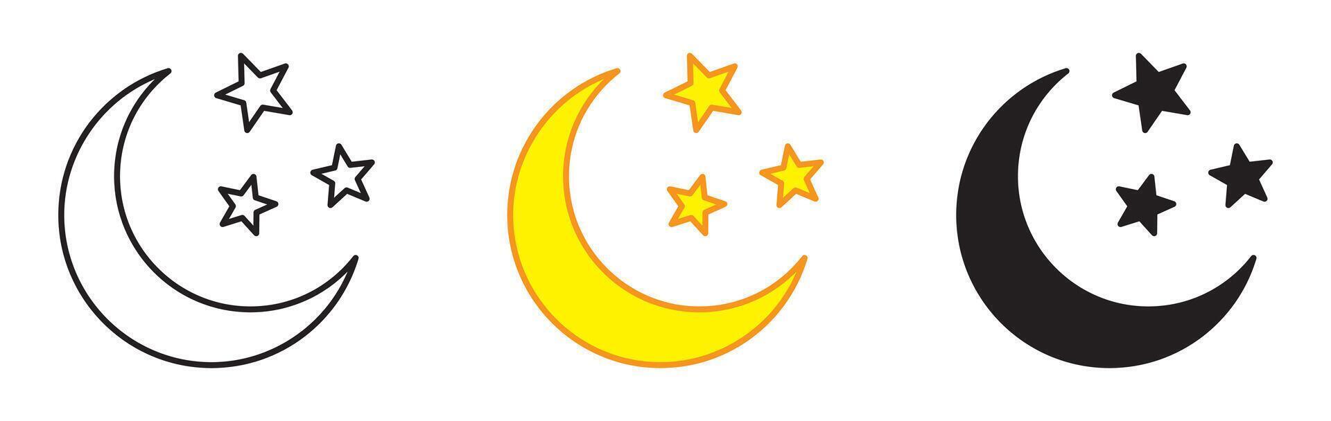 Crescent moon with stars icon. Crescent moon icon yellow and black variatn. Night icon. vector