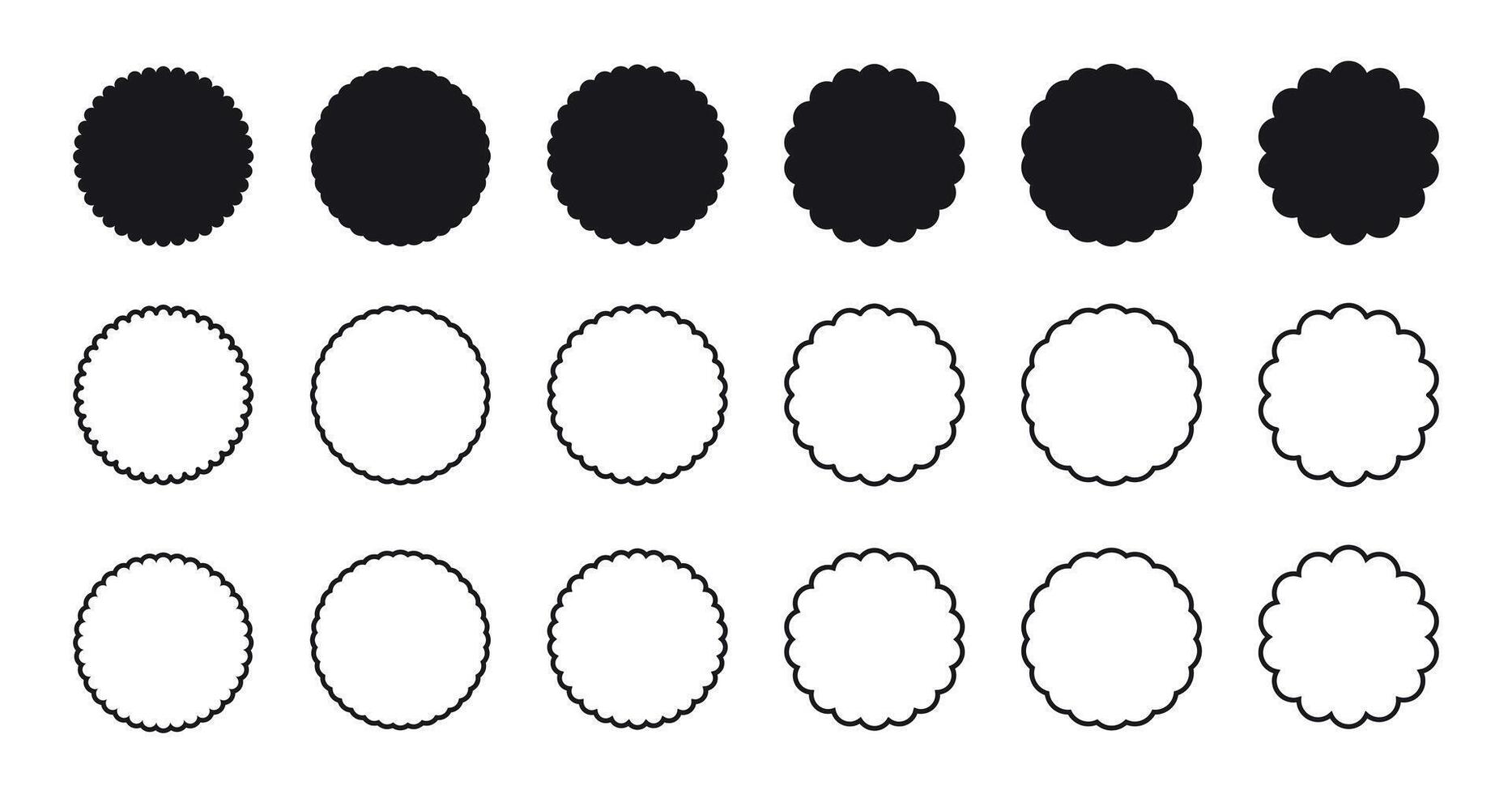 Scalloped circle shape. Scalloped circle shape set in two styles. Scalloped circle frame. vector