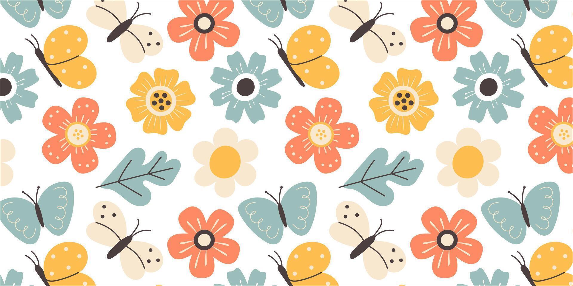 Seamless floral pattern with hand drawn flowers, leaves and butterflies in soft pastel tones. Perfect for textiles, wallpapers, wrapping paper, and decorative designs. vector