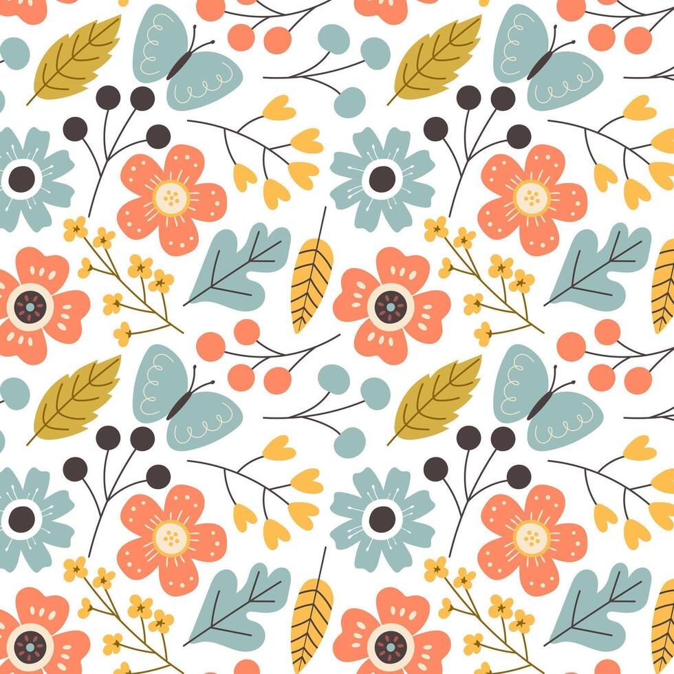 Seamless floral pattern with hand drawn flowers, leaves, berries, and butterflies in soft pastel tones. Perfect for textiles, wallpapers, wrapping paper, and decorative designs. vector