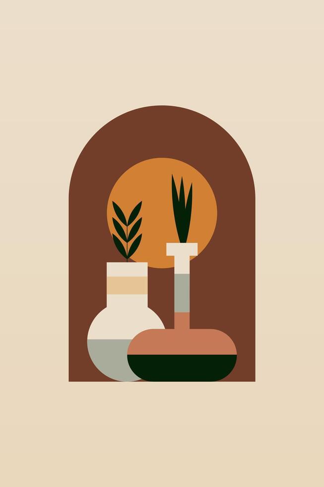 Flat design geometric boho leaf and grass jar wall art background illustration vector