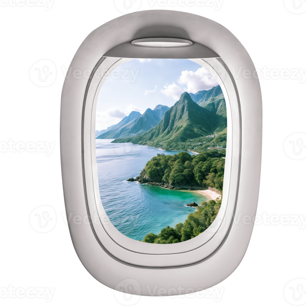 An airplane window shows a beautiful beach and mountains afar png