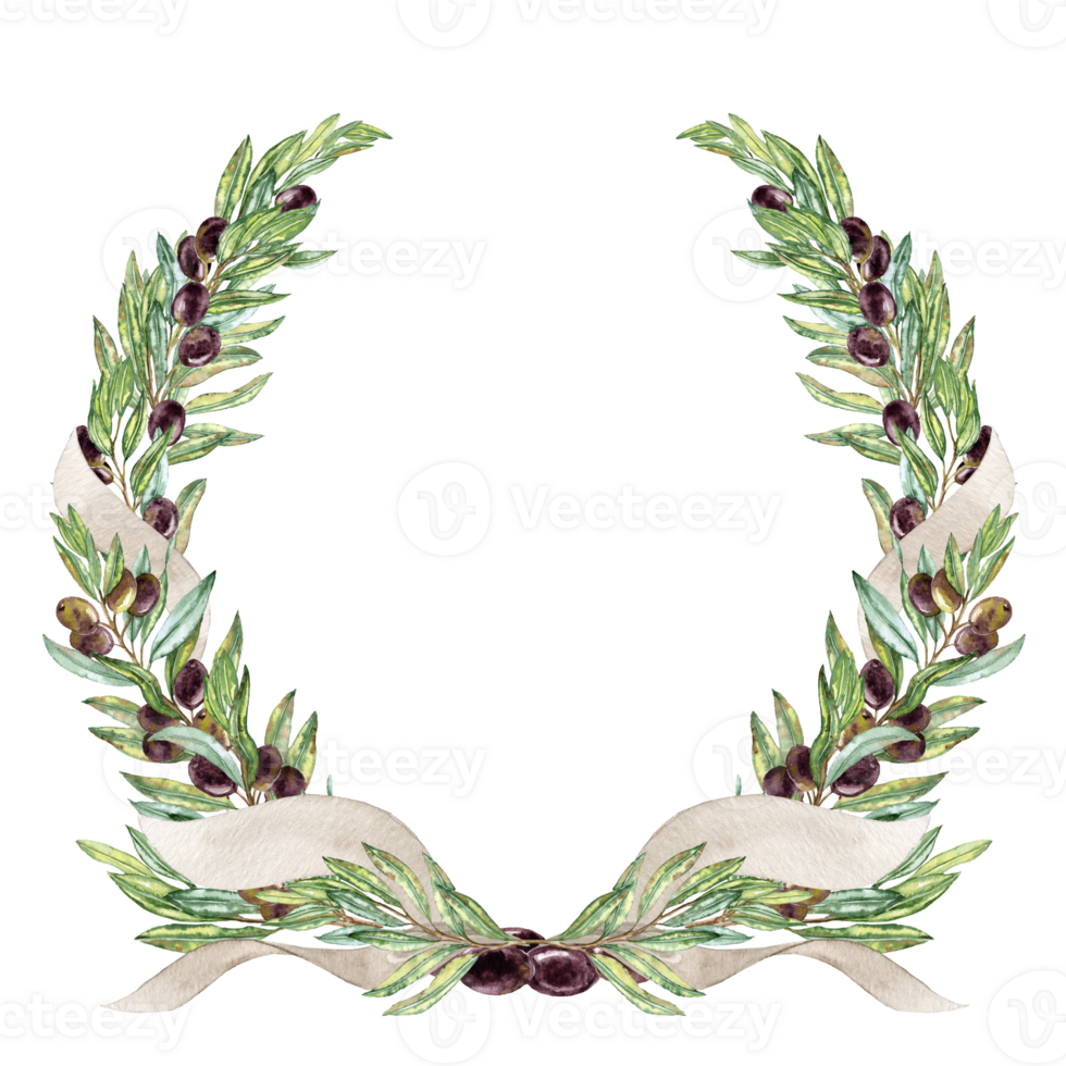 Watercolor Winner's Wreath of olive Branches and Ribbons png