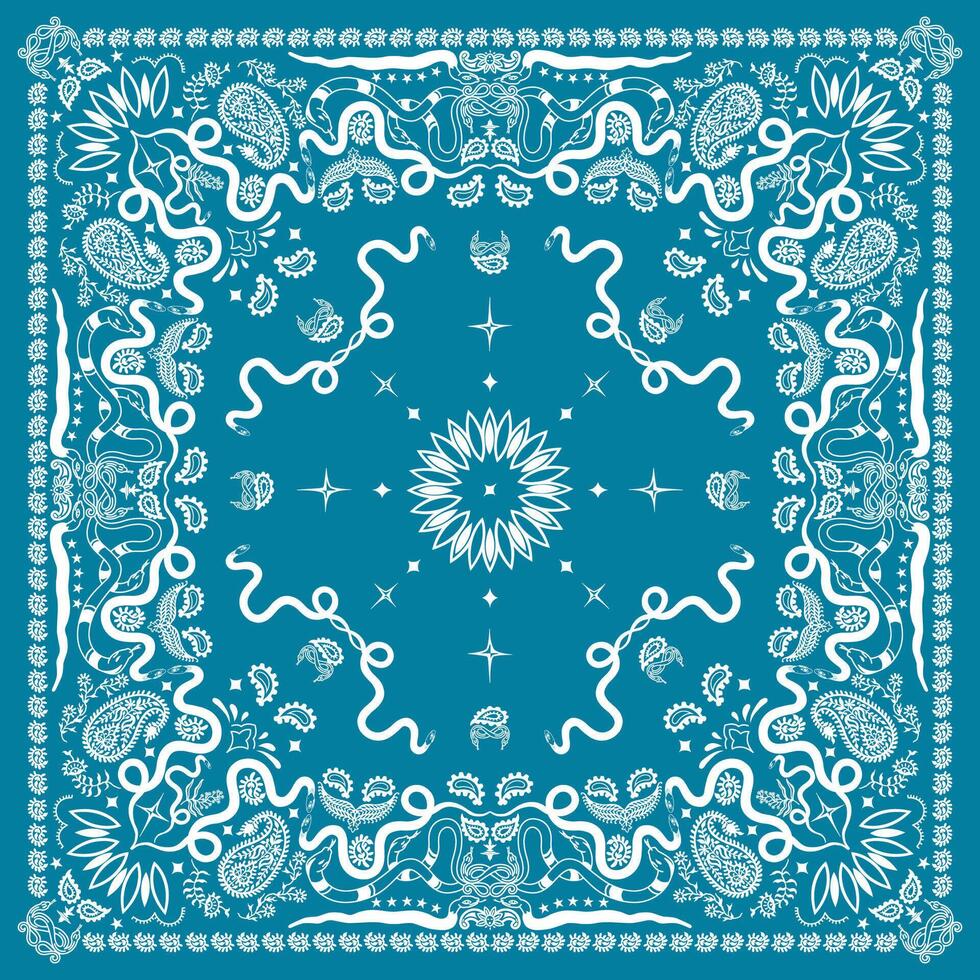 Light Blue Bandana Print. Silk neck scarf or kerchief square pattern design. vector