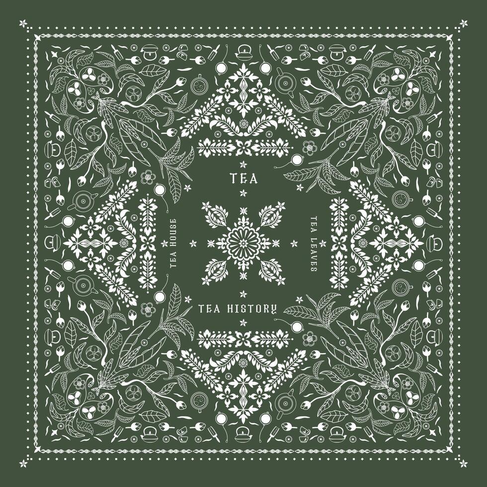 Green Tea Bandana Print. Silk neck scarf or kerchief square pattern design. vector