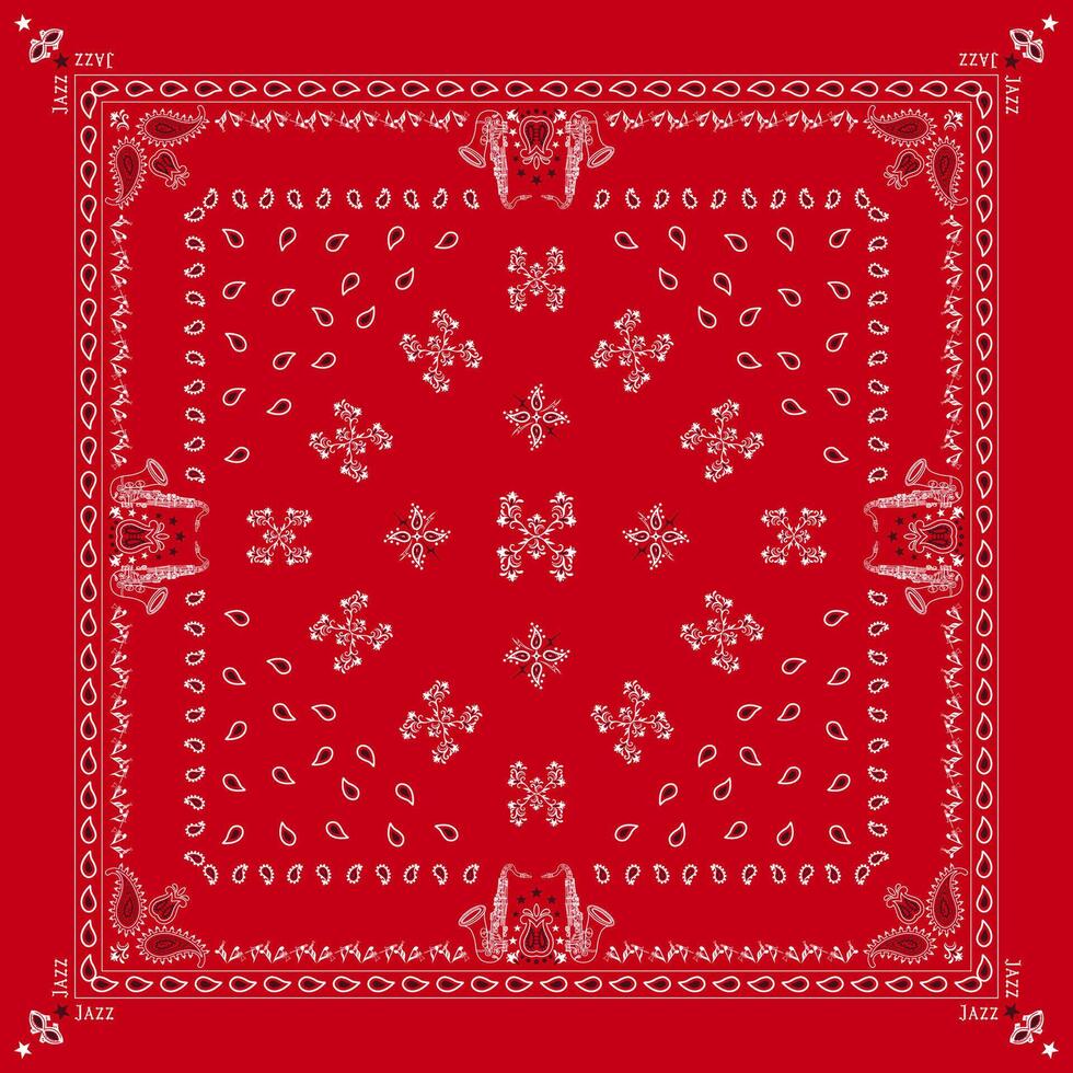 Red Bandana Print. Silk neck scarf or kerchief square pattern designfestival fashion, bound cloth, accessory. vector
