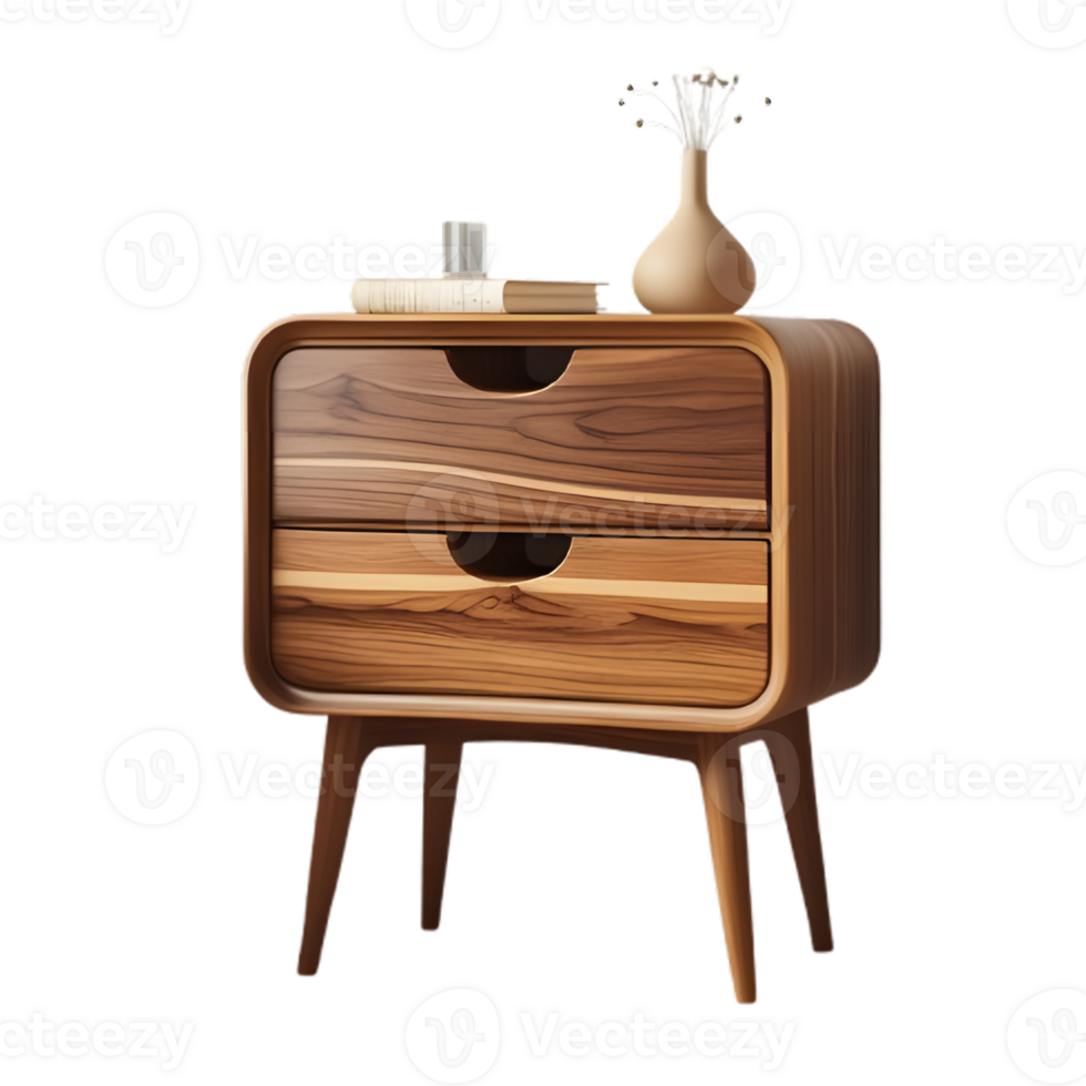 Wooden nightstand with two drawers and tapered legs on transparent background png