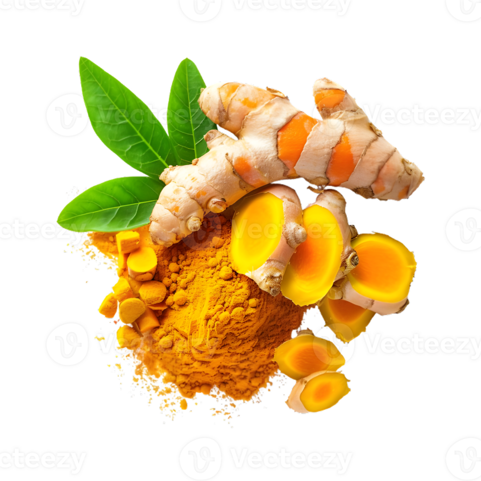 Fresh turmeric with powder with leaves isolated on a transparent background png