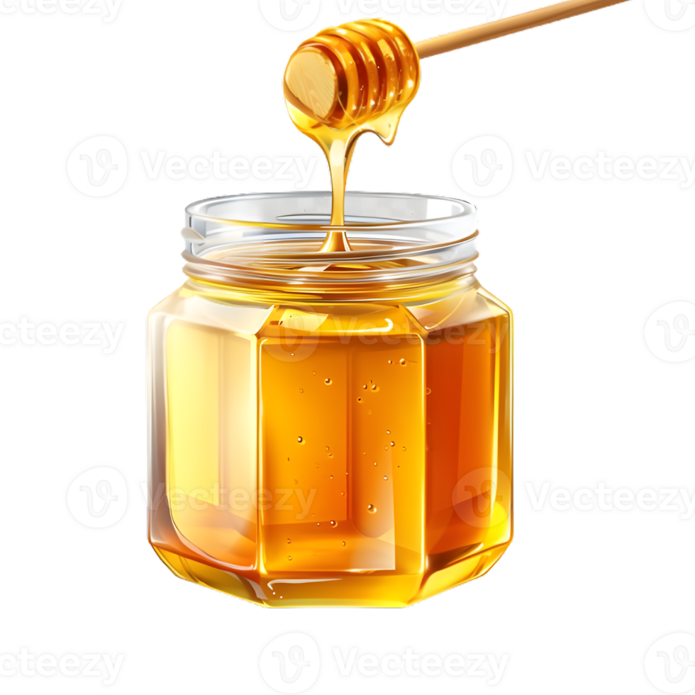 A jar of honey with a wooden stick dripping honey isolated on transparent background png