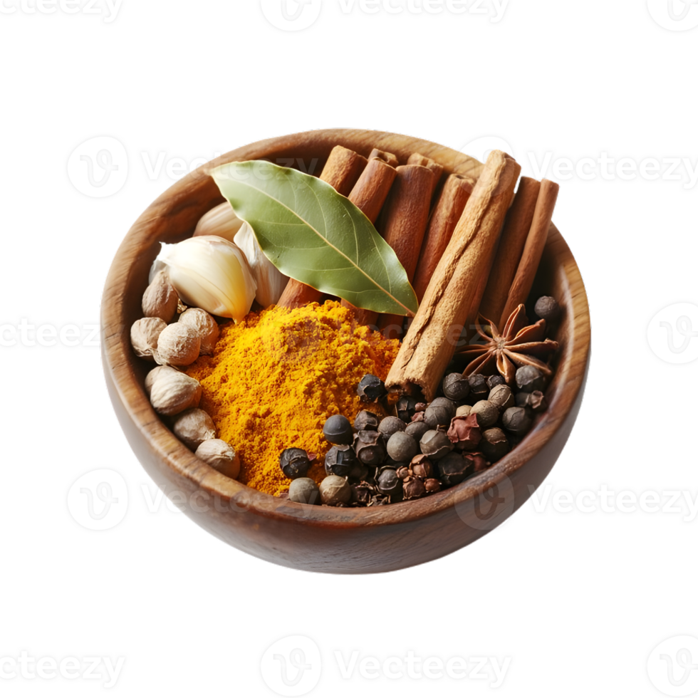 Aromatic Spices in Bowl Sage Leaves Cinnamon Sticks Lavender Buds png