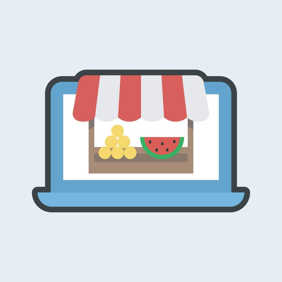 fruit shop on laptop screen with outline flat design. vector
