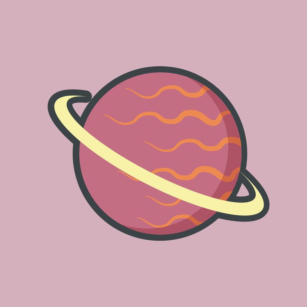 red planet with ring in outlined flat design. vector