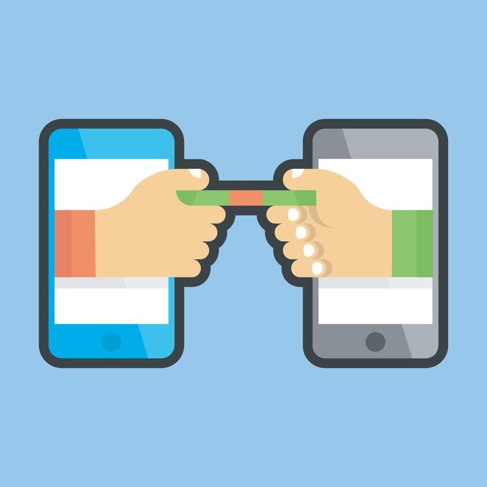 phone by phone transaction sign with outline flat design. vector
