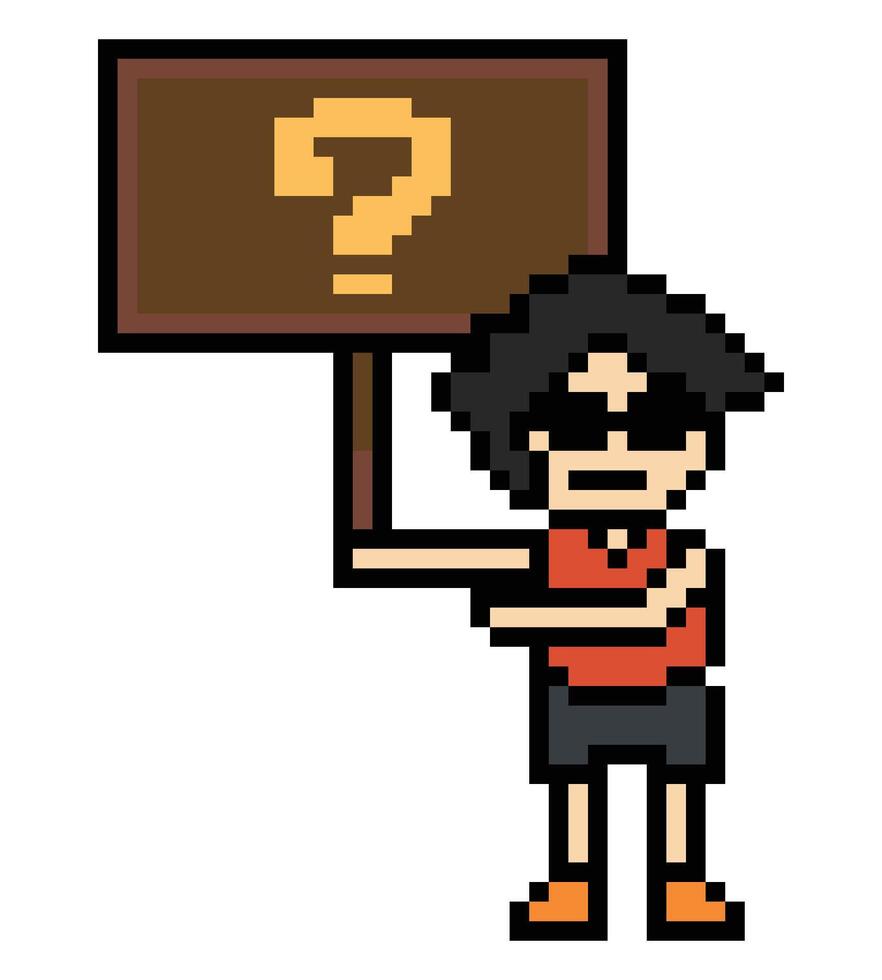 Cartoon decoration of man male boy and board question mark quiz cartoon 8 bit pixel character. vector