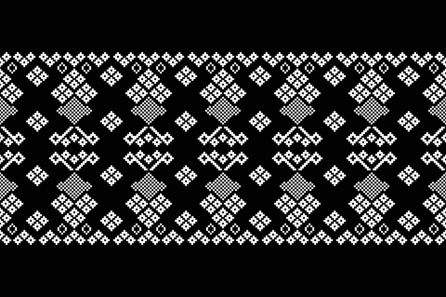 Fabric pattern Cross stitch with black color background motif ethnic pattern. vector