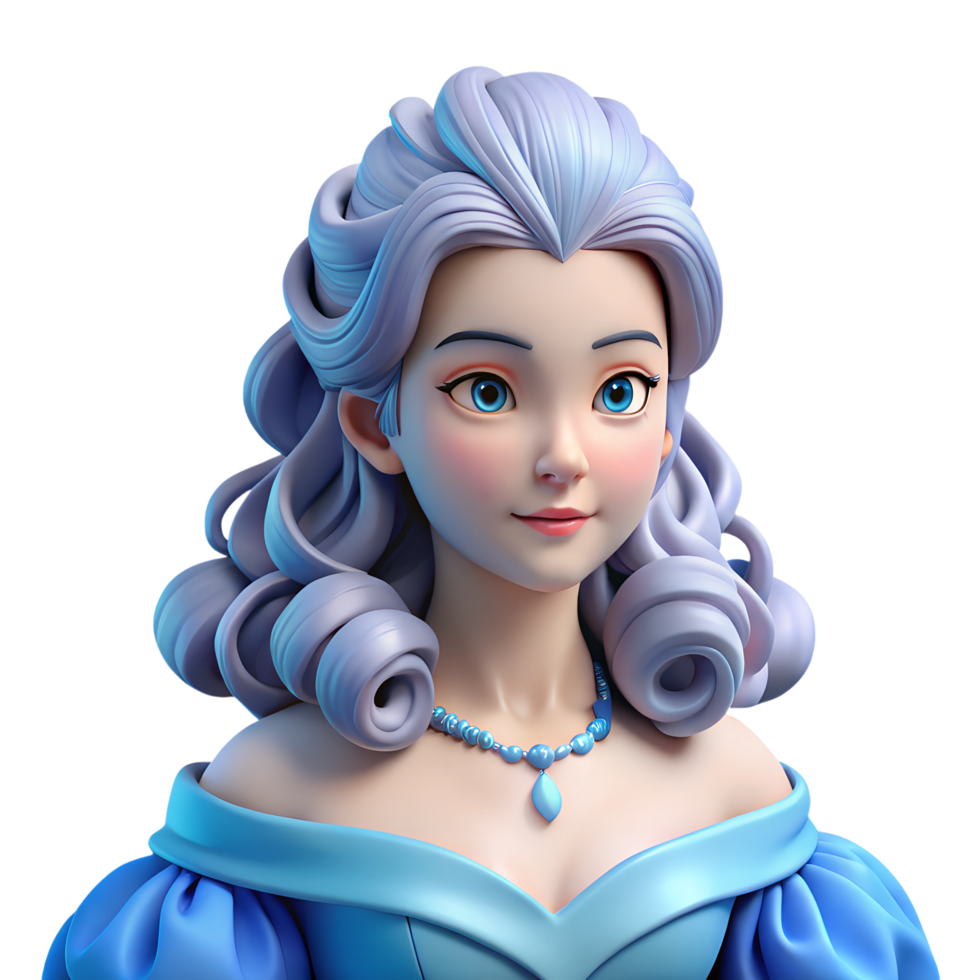 Portrait of elegant female character with long blue curly hair wearing fancy blue dress 3d illustration png