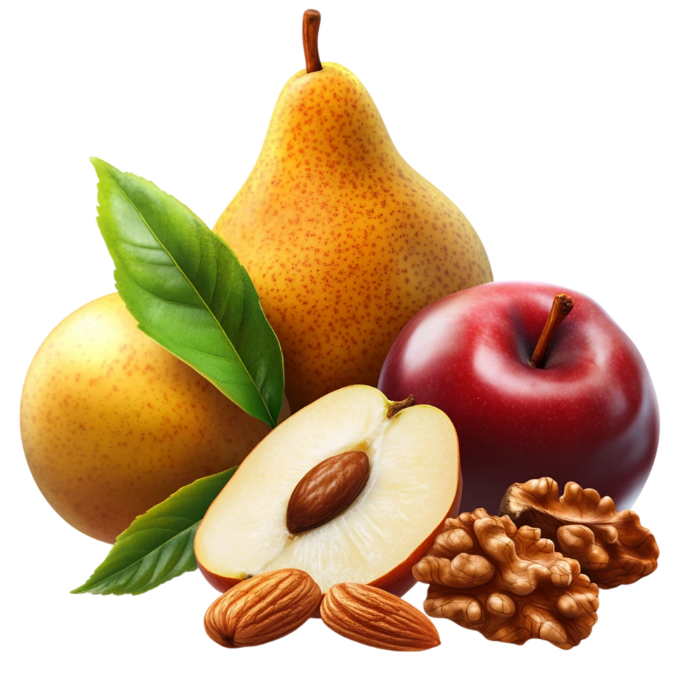 Fresh Pear, Apple, Walnuts, and Almonds on Transparent Background png