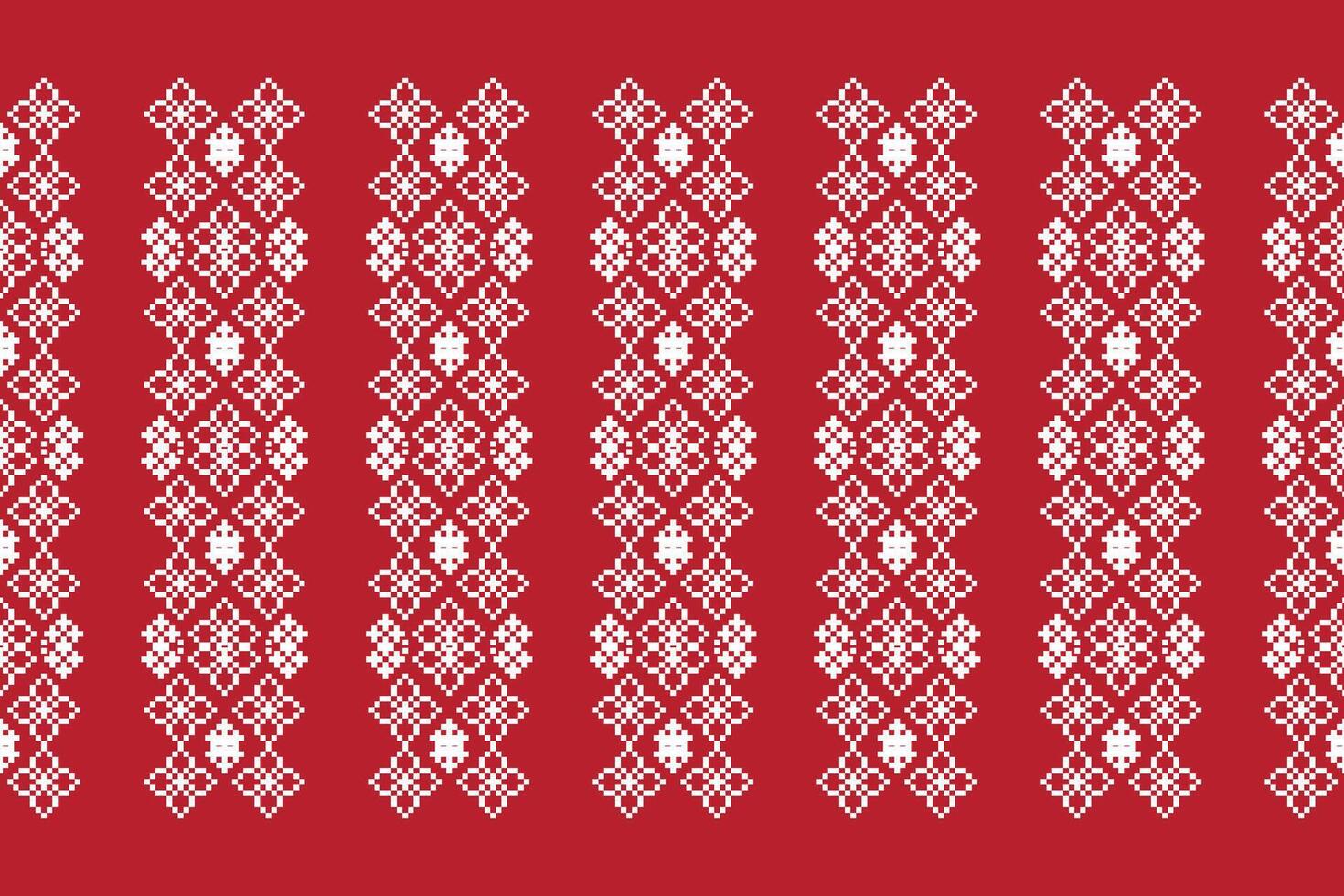 Fabric pattern of red color background with ethnic pattern fabric motif design pixel. vector
