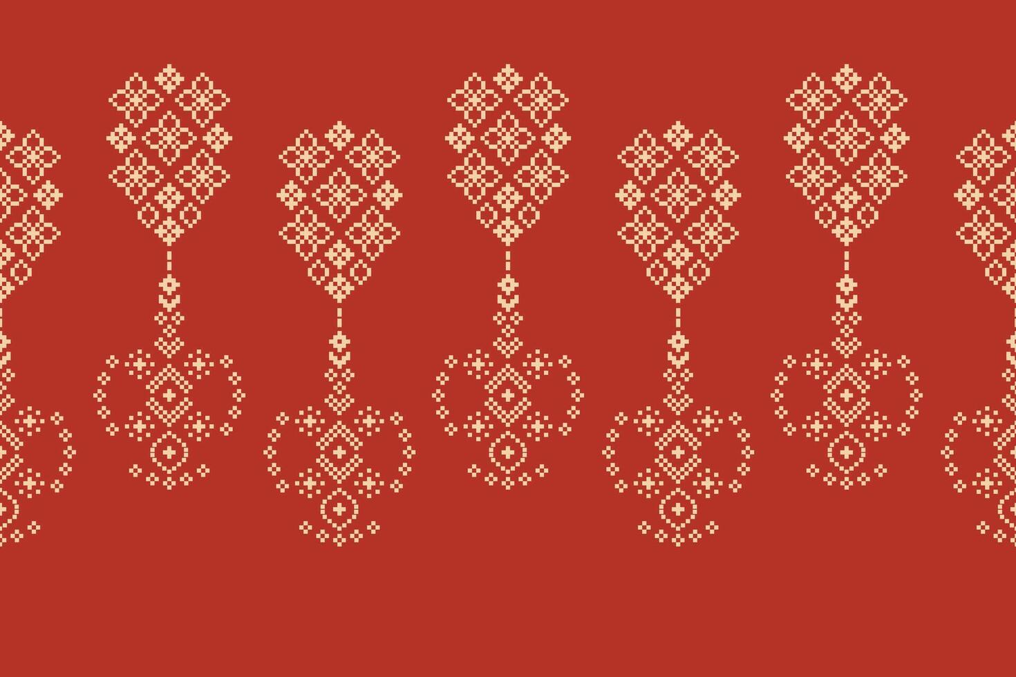 Red color background with ethnic pattern fabric motif design art. vector