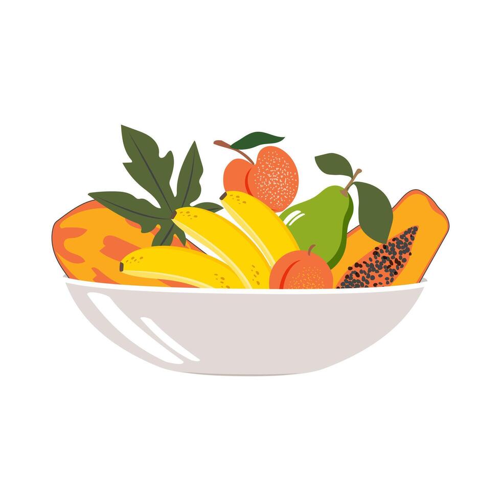 Tropical fruits in a bowl isolated on a white background. vector