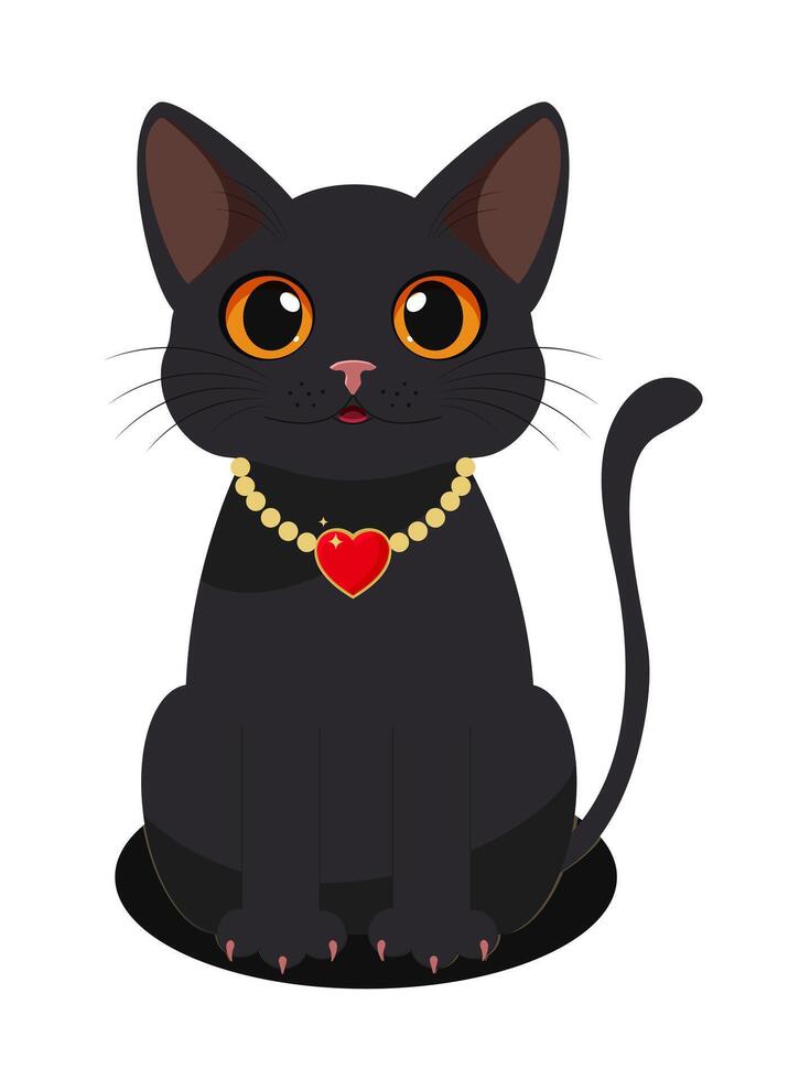 Cartoon black cat with big eyes sits cute on a white background isolated. vector