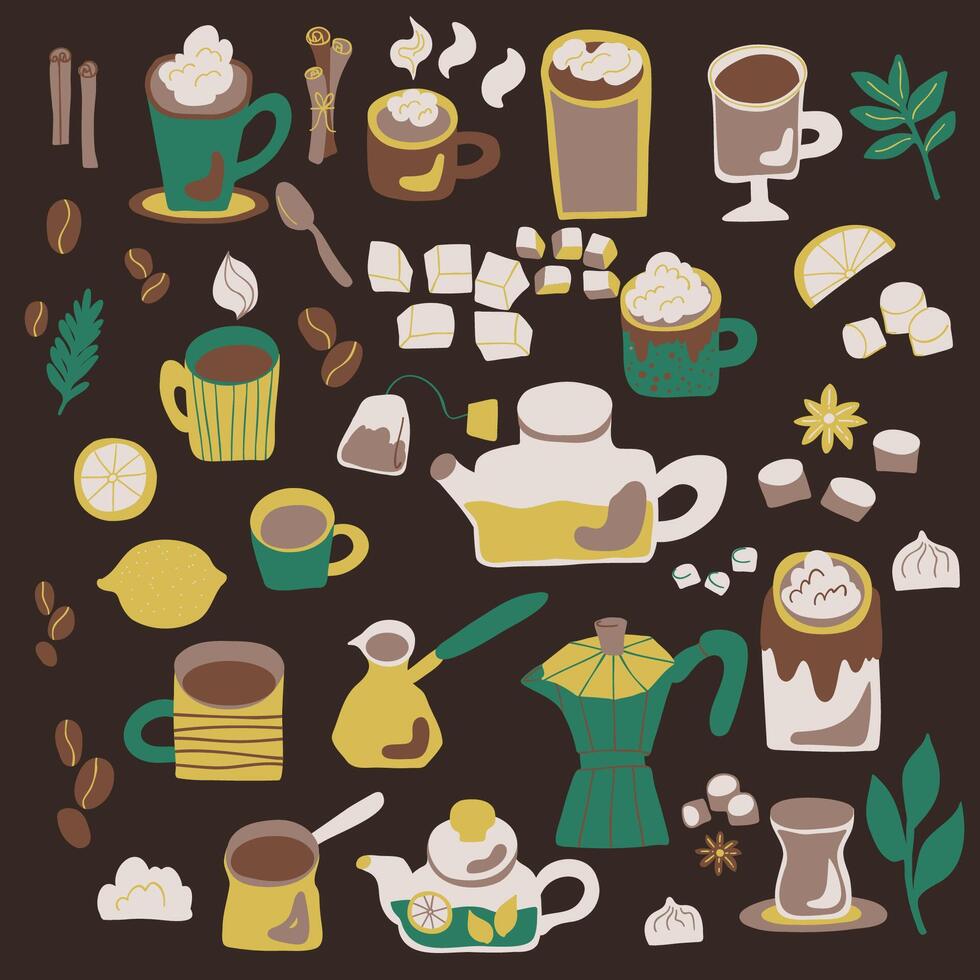 Set of hand drawn elements of hot drinks vector