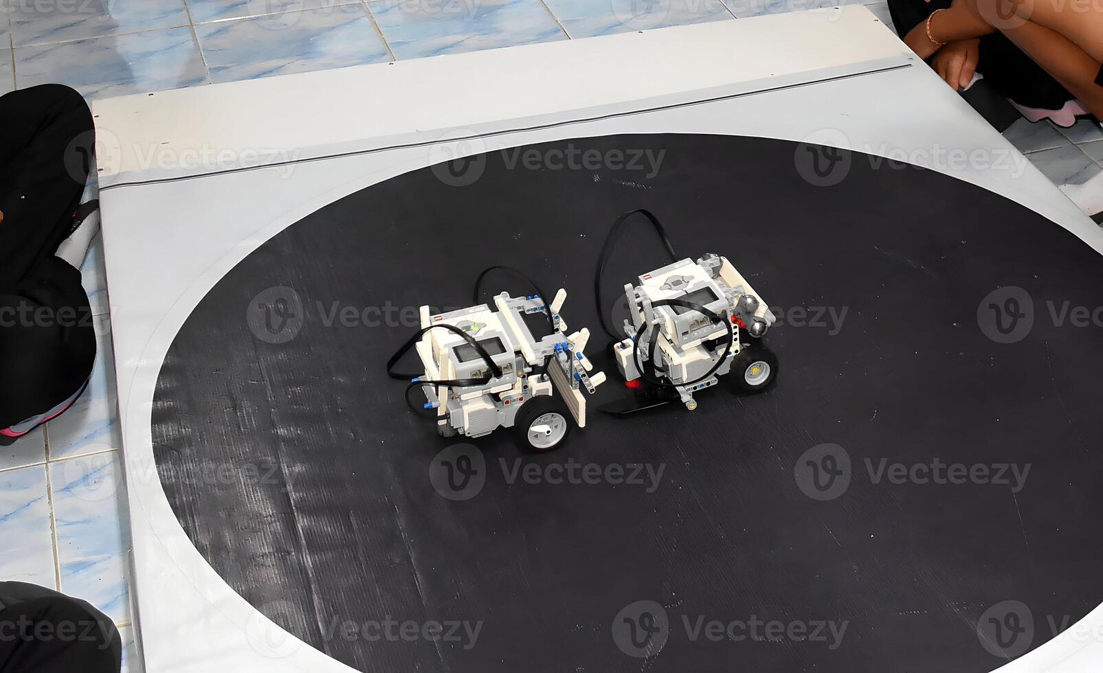 Two robots are on a black mat photo