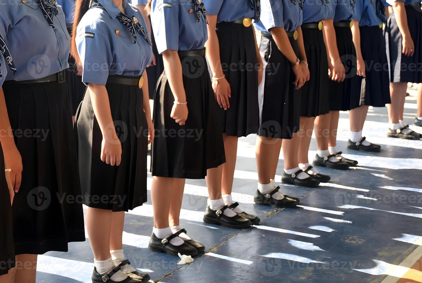 A group of girls in school uniforms stand in a line photo