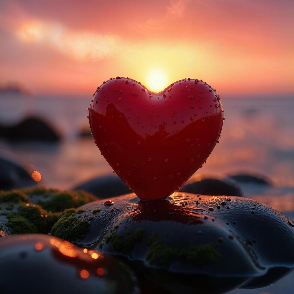 3d bright and shiny red heart, standing on a wet rock photo