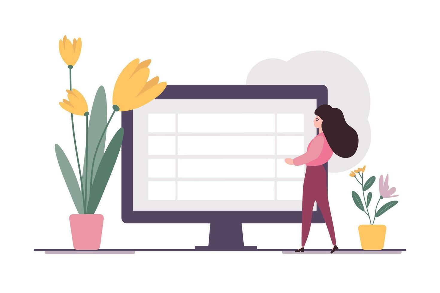 flat illustration, a girl stands near the monitor in the office with flowers, data and archive research, marketing, company vector