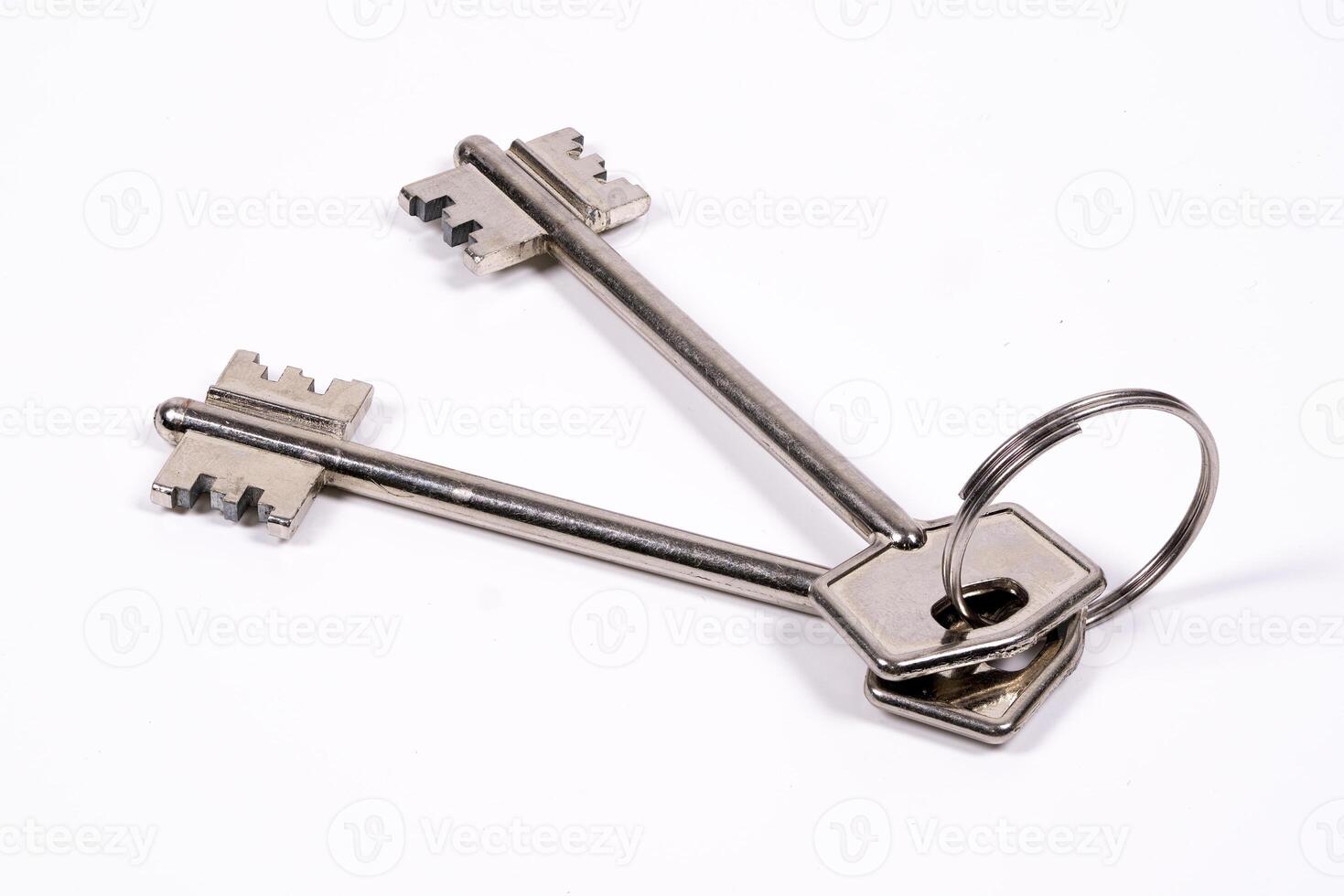 Keys on a keyring resting on a white surface in a well-lit setting photo