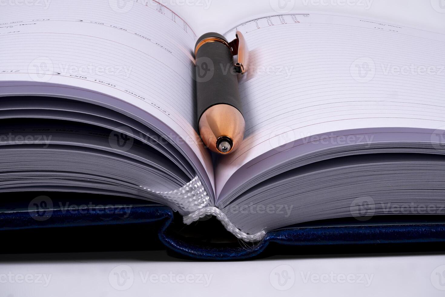 Open planner with a pen resting on the pages for organization tasks photo