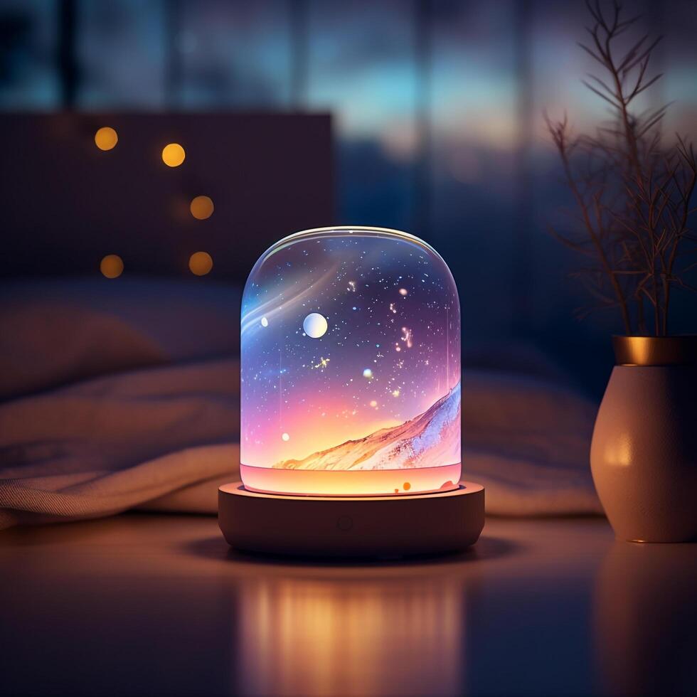 a glass dome with a candle inside on a table photo