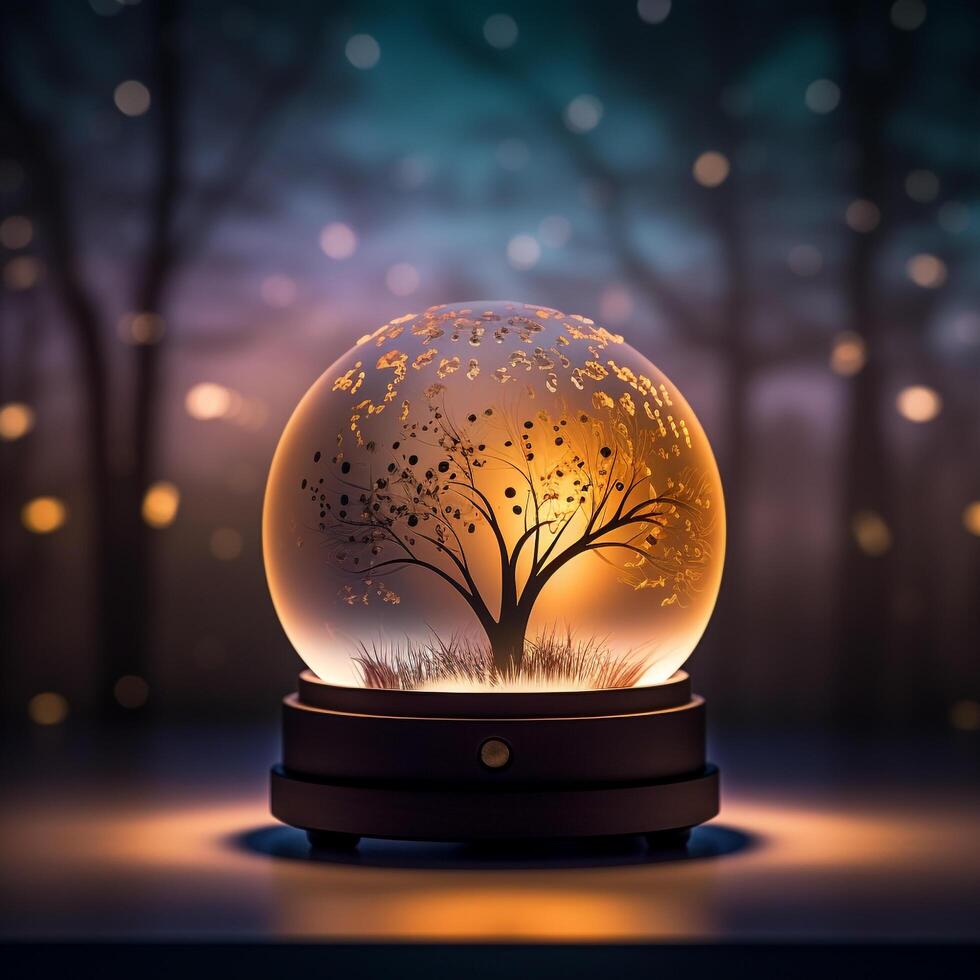 a glass dome with a candle inside on a table photo