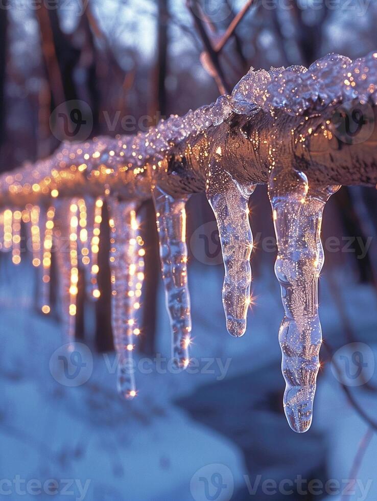 Frozen icicles hanging from a branch photo