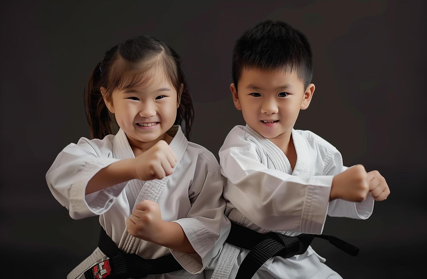 A boy and a girl, both dressed in martial arts uniforms, practice Taekwondo, Aikido, or Jujitsu. . photo