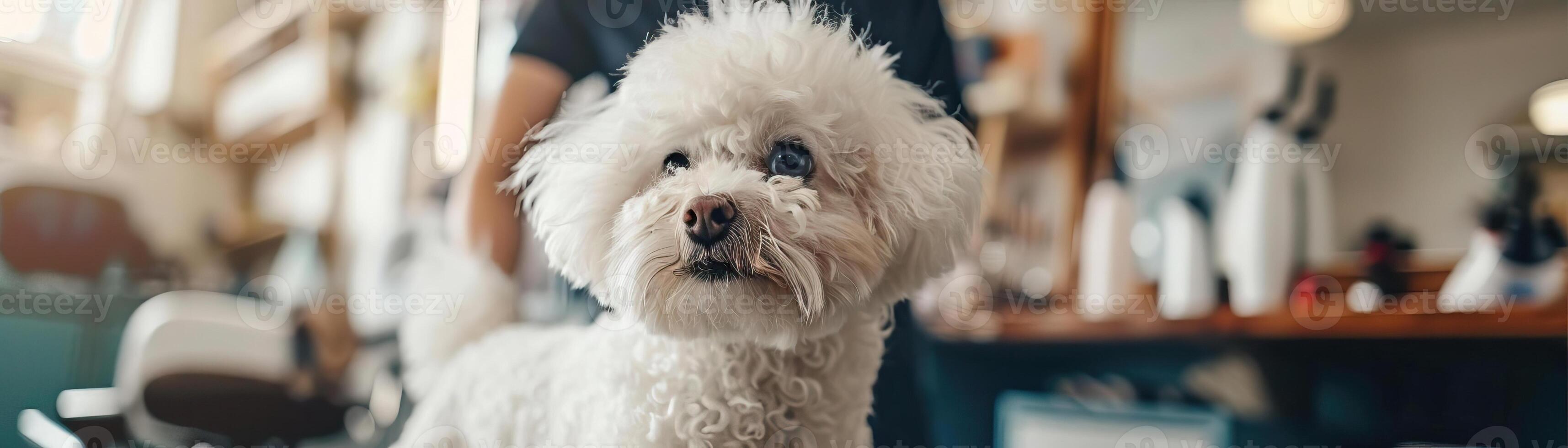 Bichon Frise at a dog grooming salon, being pampered by a professional groomer in a clean, wellequipped setting, capturing the fluffy dogs grooming session photo