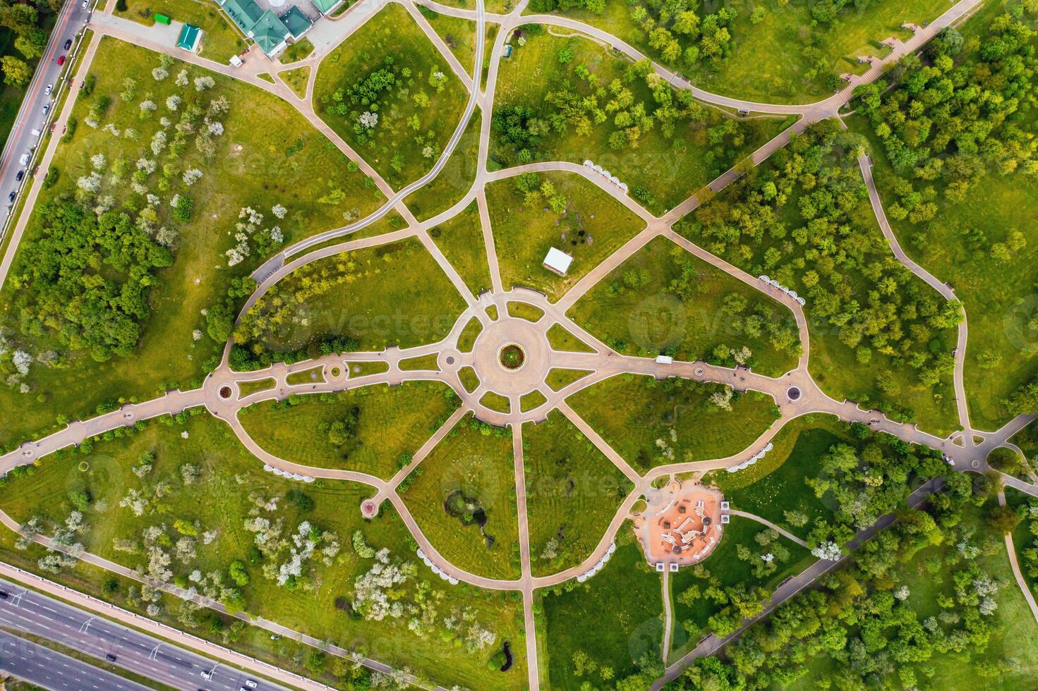 View from the height of the loshitsky Park in Minsk.Winding paths in loshitsky Park.Belarus.Apple orchard photo